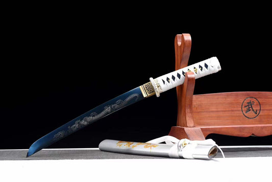 Handmade Japanese Wakizashi White Dragon Chant Short Sword Blue Blade