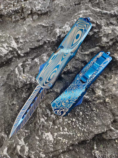 Blue Titanium Shark Tooth Dragon Straight Jump Knife