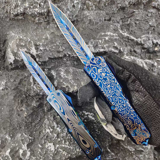Blue Titanium Shark Tooth Dragon Straight Jump Knife