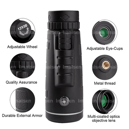 Dual Focus 12x50 Waterproof Monocular Spotting Scope With Universal Phone Mount
