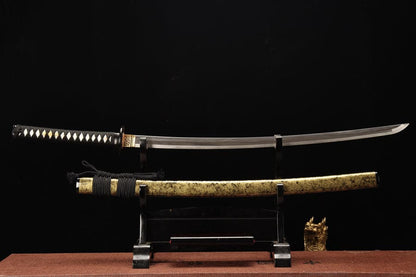 Hand Forged Japanese Samurai Katana Yama T8 carbon tool steel Yellow engraved knife sheath