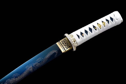 Handmade Japanese Wakizashi White Dragon Chant Short Sword Blue Blade