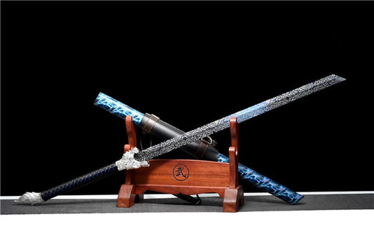 Handmade Silver Moon Wolf King High Manganese Steel Chinese Sword With Baked Blue Blade
